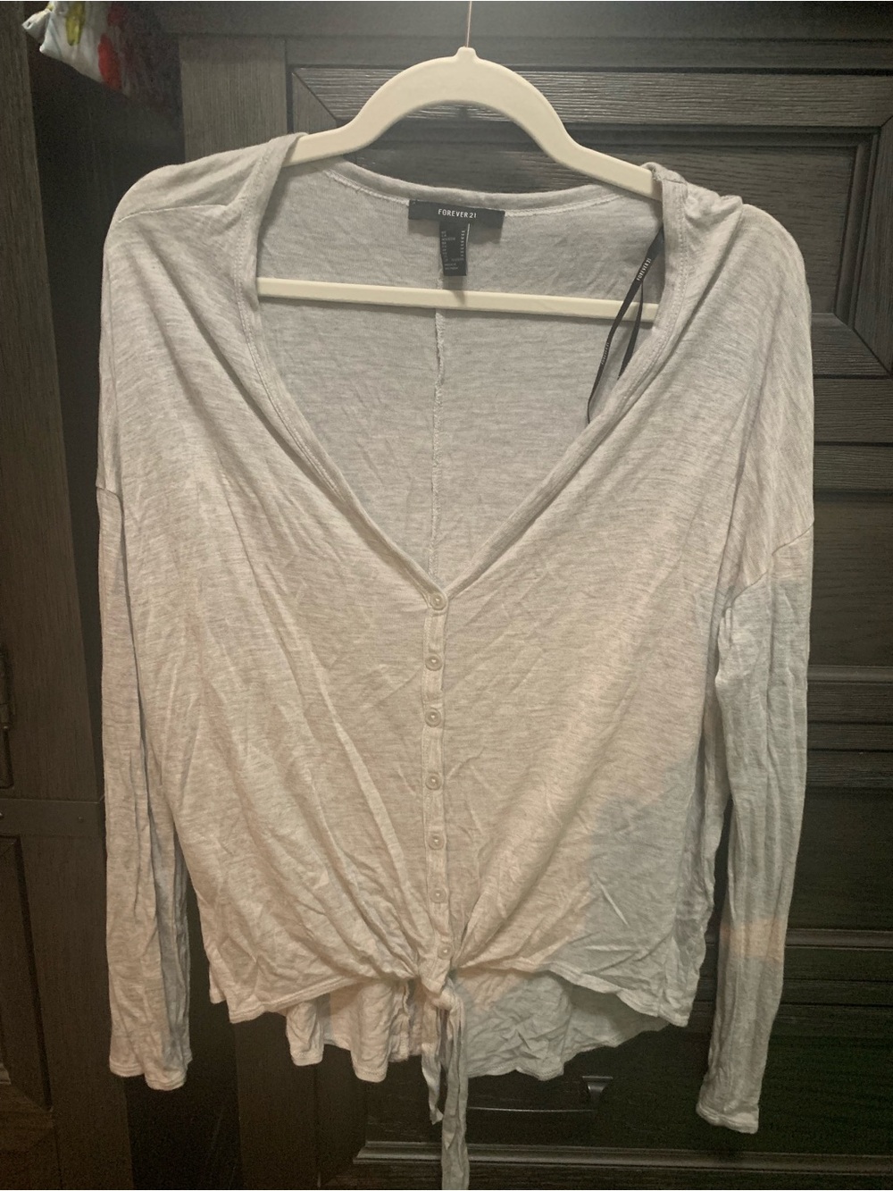 Forever 21 Light Gray Button-Front Tie Hem Long Sleeve Top